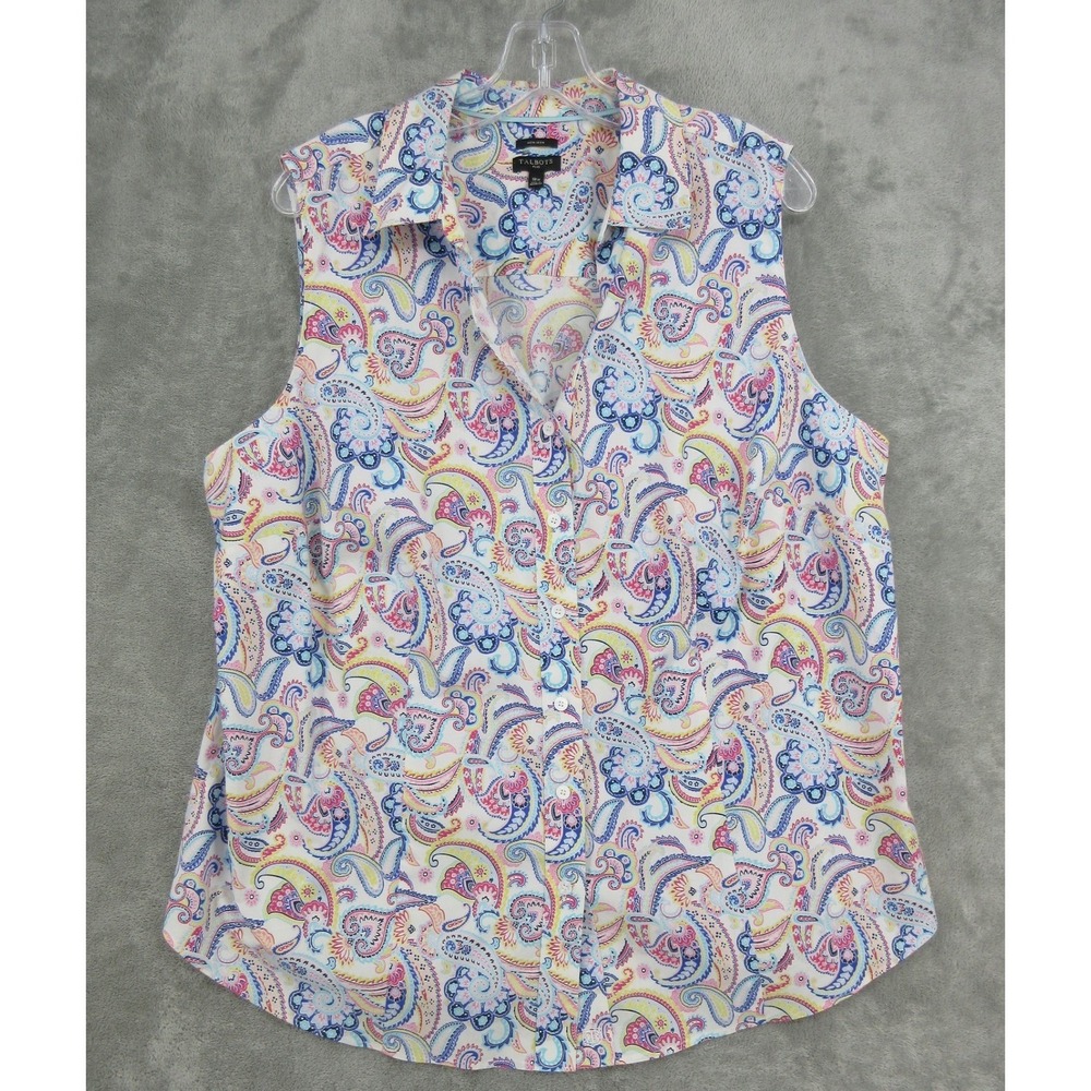 Talbots Shirt Womens 18W Paisley Sleeveless Non-Iron Button Up Boho Colorful